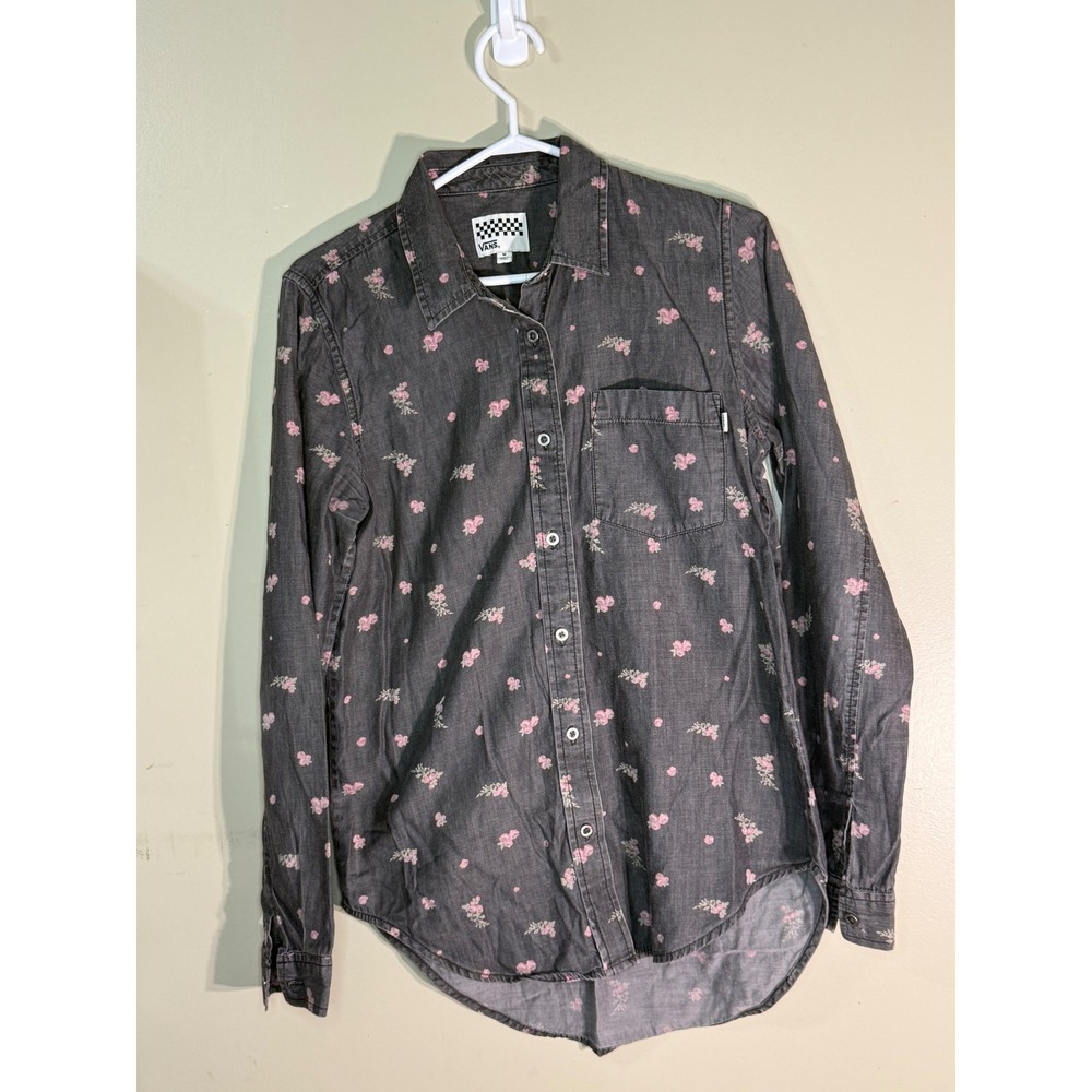 Vans Womens Floral Button Down Shirt Gray Pink Long Sleeve Chambray Size M